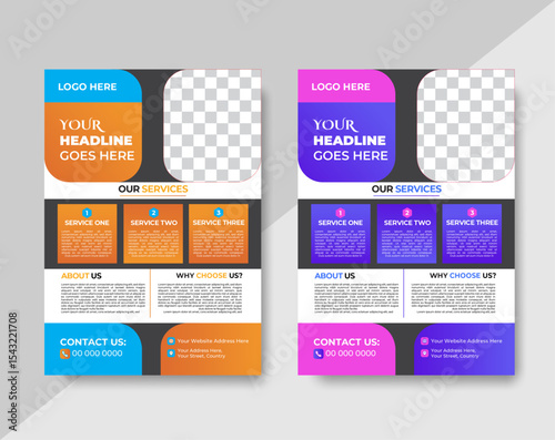 "Modern Corporate Business Flyer Template with Three Service Sections, Editable A4 Layout for Company Promotion, Agency Advertisement and Marketing Brochure Design in Blue and Violet Colour Scheme"