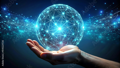 A Human Hand Gently Holds a Bright Blue Glowing Orb of Interconnected Nodes and Lines Against a