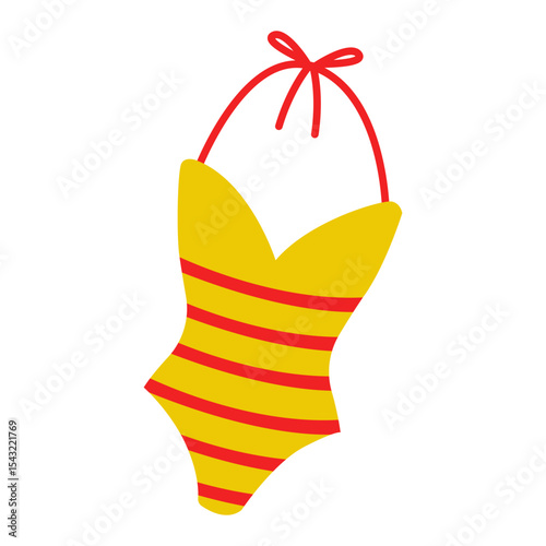 Bright yellow and red striped swimsuit design with playful straps for summer fun at the beach
