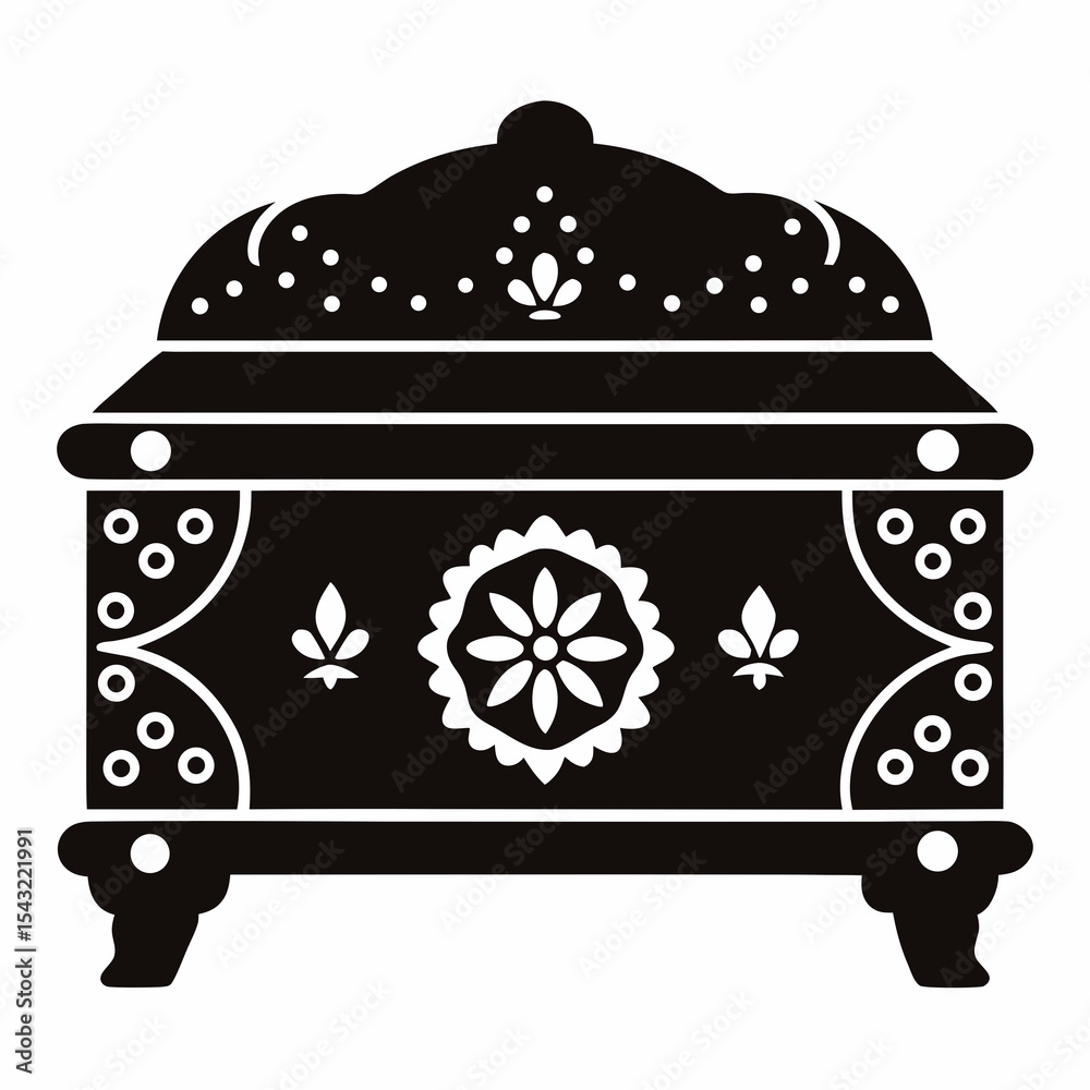 Obraz premium Traditional Afghan chest with carved floral motifs, vector silhouette on white background