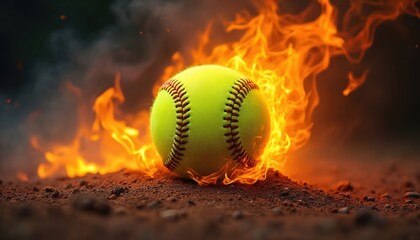 Dynamic yellow softball surrounded by intense flames and smoke. Fiery backdrop emphasizes the dynamic nature of the sport. Energetic scene with burning ball set on ground.