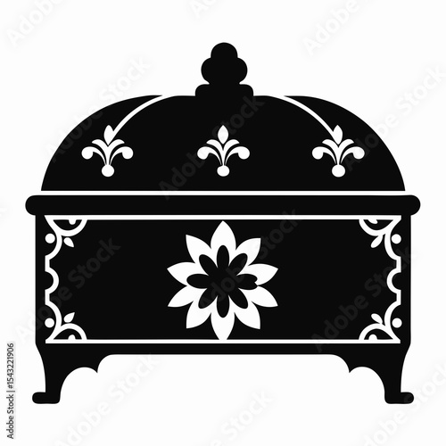 Traditional Afghan chest with carved floral motifs, vector silhouette on white background