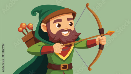 Cheerful Cartoon Bearded Archer Aiming Bow Green Outfit