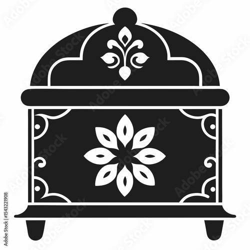 Traditional Afghan chest with carved floral motifs, vector silhouette on white background