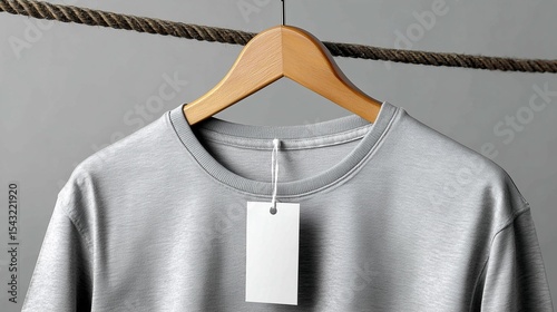 Gray sweatshirt with blank label on hanger
