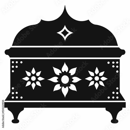 Traditional Afghan chest with carved floral motifs, vector silhouette on white background