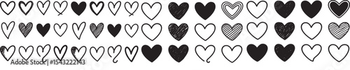Vector illustration of 40 unique hand-drawn heart icons in black and white. Each heart varies in outline, fill, and sketch style. Playful and minimal design on transparent background.