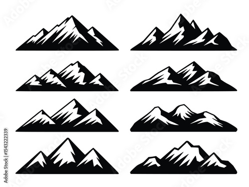 Majestic Mountain Peak Silhouettes Set Black and White Graphic Design Elements for Nature, Travel, and Outdoor Branding