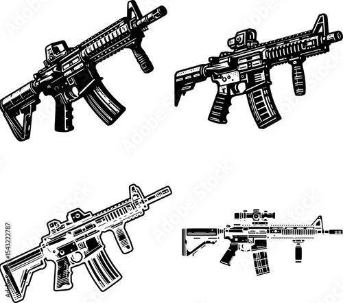 set of flat black and white line art of an assault rifle, a key weapon in modern warfare and battlefields.