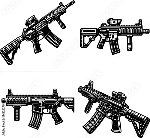 set of flat black and white line art of an assault rifle, a key weapon in modern warfare and battlefields.