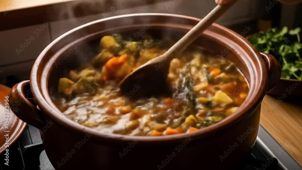 Slow simmering hearty vegetable stew being stirred in a rustic pot on the stove