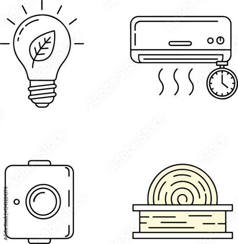 Bulb with leaf, AC with timer, smart switch, insulation symbol. Clean vector line icons for modern eco-living themes