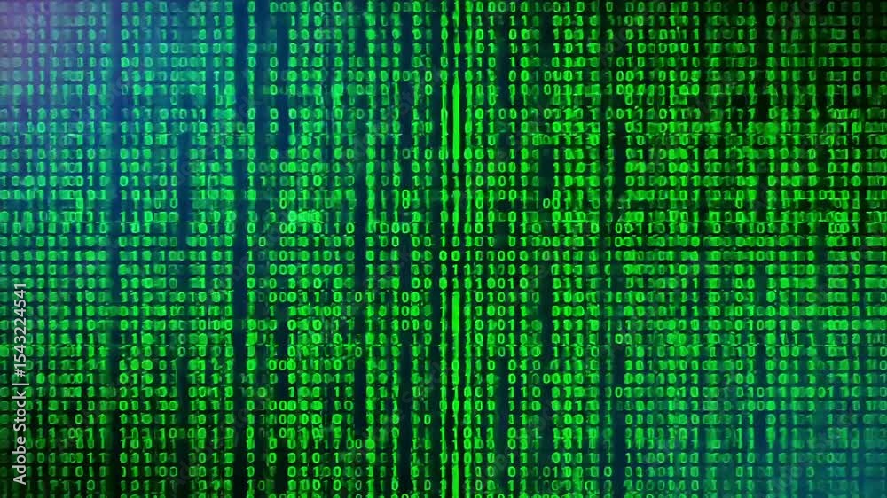 Green binary code streams towards a central point on a dark background digital effect Green binary code streams towards a central point on a dark background digital effect