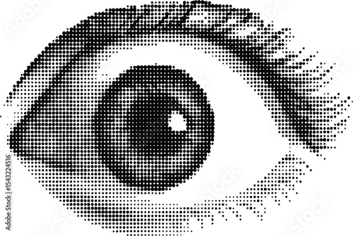 Intense Gaze in Dots: A captivating grayscale illustration of an eye, meticulously rendered using a dot-matrix technique, evoking a sense of focus and detailed observation.