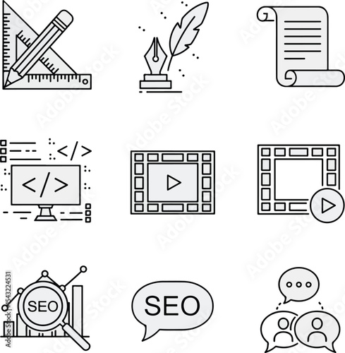  Icons for graphic design, writing, coding, video editing, SEO, social media — outline style for gig economy & Fiverr-type uses.