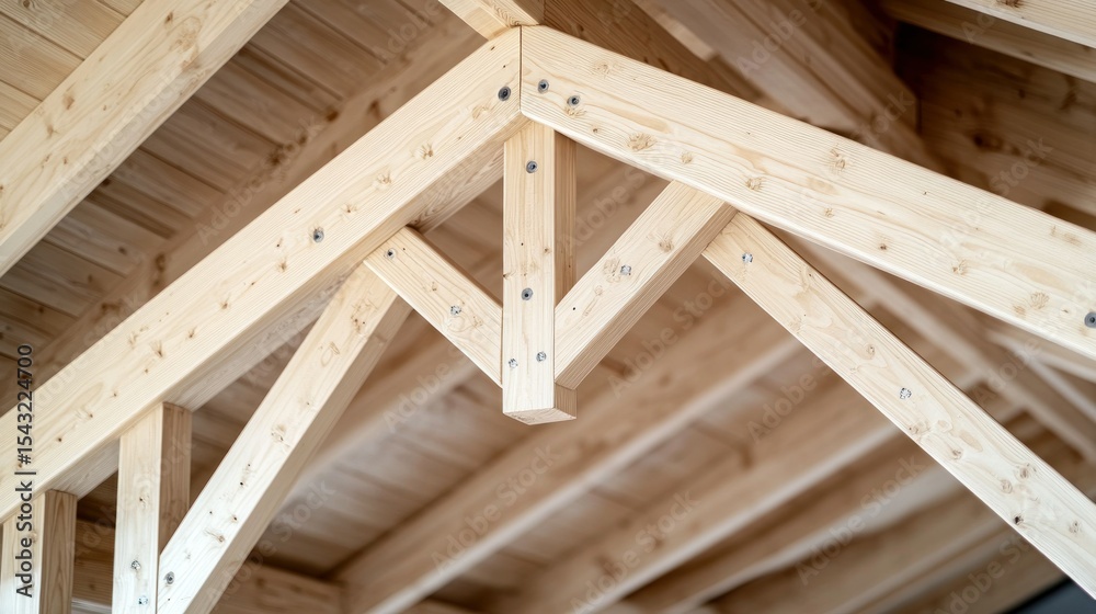 Light-colored wood roof truss detail, showcasing its structure and assembly Light-colored wood roof truss detail, showcasing its structure and assembly