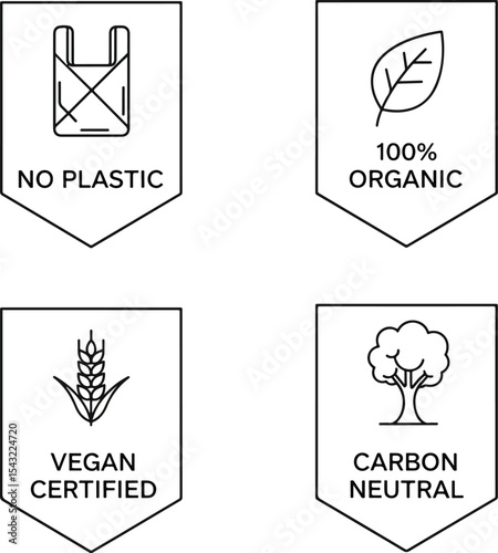 Minimal badges “No plastic”, “100% organic”, “Vegan certified”, “Carbon neutral” in badge shape