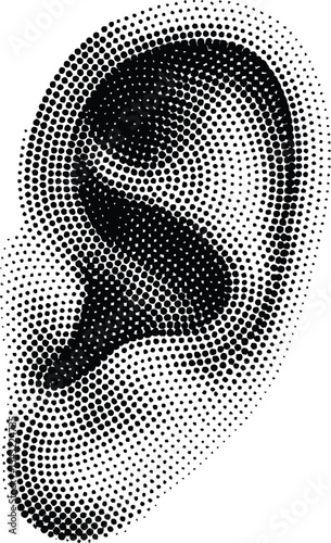Artistic Ear: A captivating, minimalist artwork showcasing the human ear in black and white, rendered with a unique dot-based technique, highlighting the intricacies of form and the beauty of anatomy.