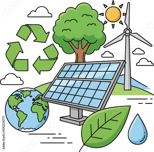 Recycle sign, tree, solar panel, wind turbine, earth, leaf, water drop. Clean and soft outline — strong demand for green branding