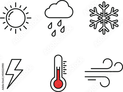 Sun, rain, snowflake, lightning, thermometer, wind. Clean stroke-based vector icons for weather UI, mobile apps, and print.