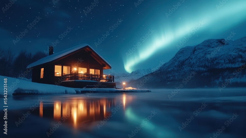 Fototapeta premium A serene winter scene featuring a cozy cabin illuminated by the captivating colors of the aurora borealis, reflecting the beauty of nature and the tranquility of snowy nights.