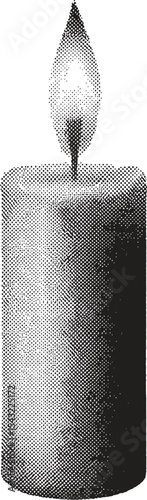 Halftone Lit Candle: A grayscale illustration of a single candle burning brightly, symbolizing hope, remembrance, or tranquility.