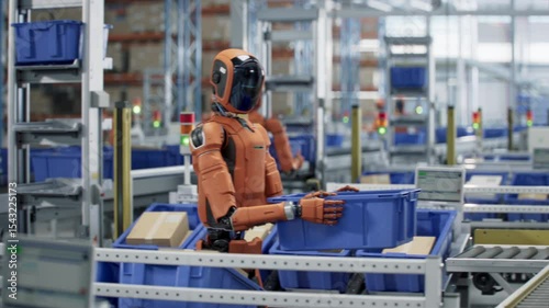 3D Animation: Autonomous AI-Enabled Humanoid Robot Working at Fulfillment Center. He is Moving Boxes and Sorting Packages. Automated Warehouse or Logistics Center with General Purpose Humanoid Robots