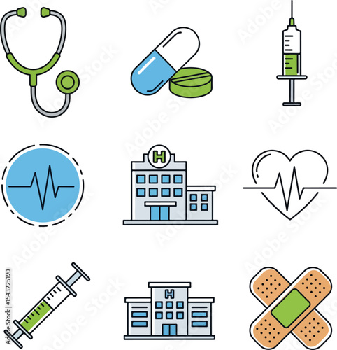 Outline icons of stethoscope, pill, syringe, heart rate, hospital, bandage. Universal health theme — very sellable