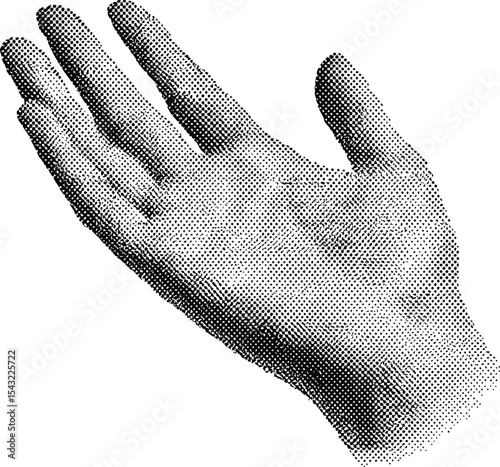 Halftone Open Hand Illustration: A vintage black and white illustration of a gracefully extended hand, fingers slightly curved, and palm open