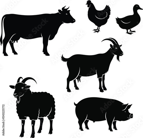 Black silhouette set of cow, chicken, duck, goat, sheep, and pig. Minimal but clean edges — best for SVG or logo use