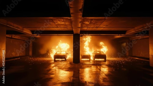 Cars Engulfed in Flames in a Dark Parking Garage - Intense Disaster Scene