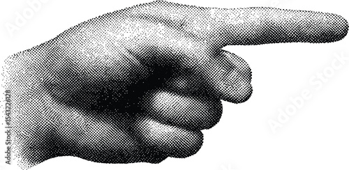 Halftone Pointing Finger: A detailed hand illustration, index finger extended, perfect for conveying direction, guidance, or emphasis.