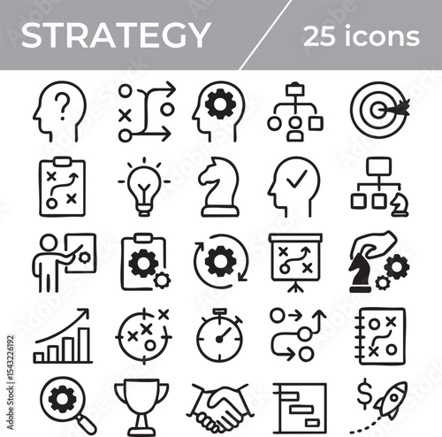 A set of 25 strategy icons displayed on a white background