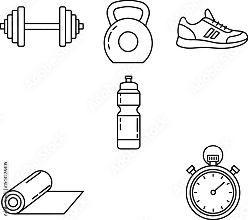 Original name(s): Black line style icons of dumbbell, kettlebell, running shoe, water bottle, yoga mat, and stopwatch. Flat and easy to trace..