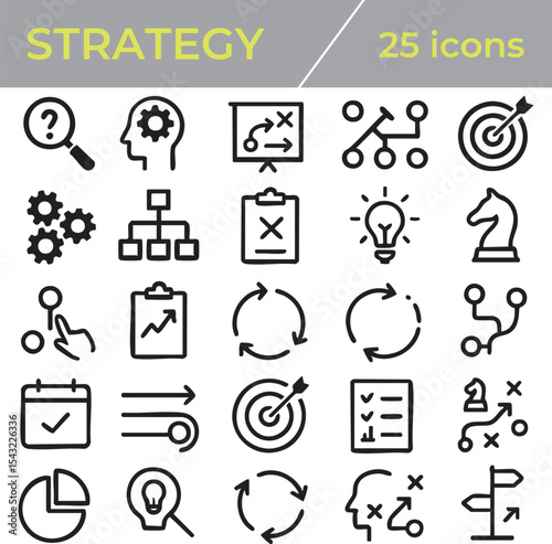 A set of 25 strategy icons displayed on a white background