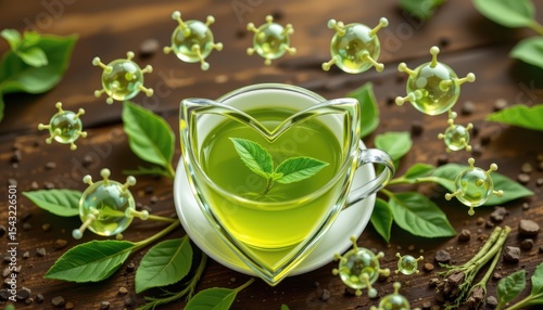 moringa tea surrounded by shield shaped antioxidant molecules protecting against cellular stress, clean wellness concept, infographic style