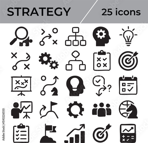 A set of 25 strategy icons displayed on a white background