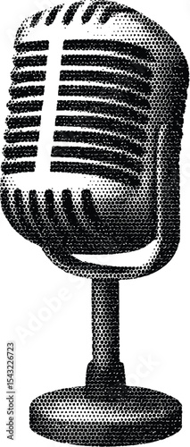 Halftone Vintage Microphone: A close-up studio shot of a vintage microphone, evoking a sense of classic sound and timeless audio recording. It's ready for a retro broadcast!