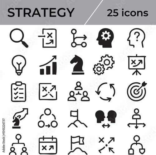A set of 25 strategy icons displayed on a white background