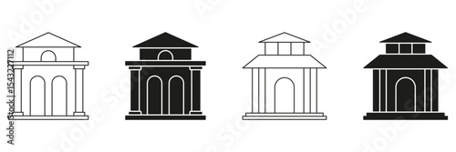 Bank Building Line And Solid Icon Set. Financial Institution, Architecture, And Classical Structure Symbol Collection. Banking And Finance Representation. Isolated Vector Illustration