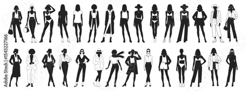 Silhouettes of fashionable women in modern outfits with accessories, vector illustration set. Includes diverse female figures in casual, business and stylish streetwear looks.