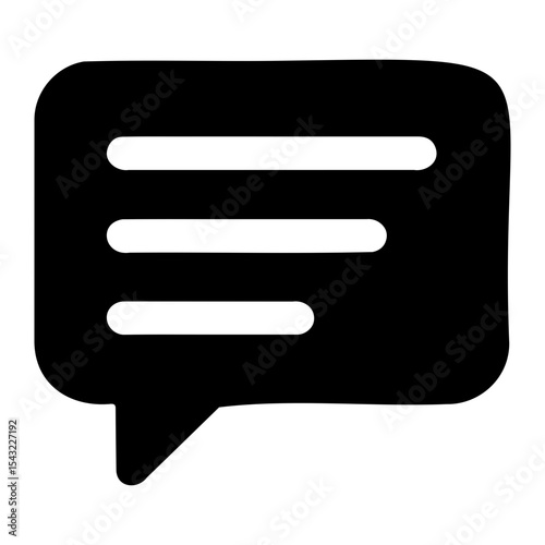 A black speech bubble with three white horizontal lines representing text inside the bubble icon on transparent background