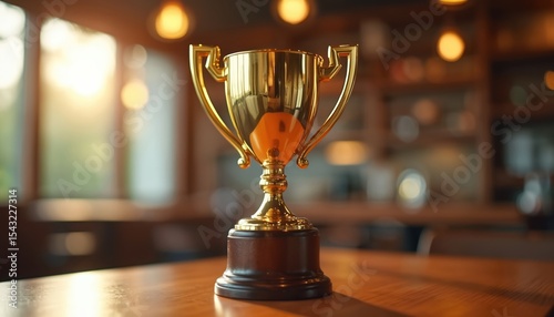 Shiny golden trophy on wooden base. Symbol of success, achievement, recognition in warm inviting setting. Perfect for awards, competitions, celebrating victory. Awarded prize, honor, celebrating