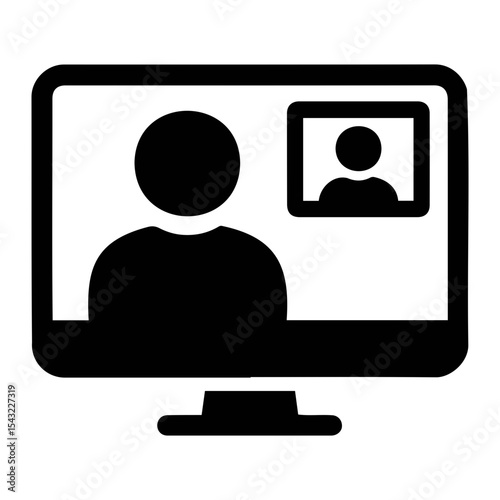 Illustration of a computer monitor displaying a video call with two participants in black and white on transparent background