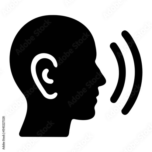 Silhouette of a head with ear and sound waves emanating representing hearing or listening intently on transparent background