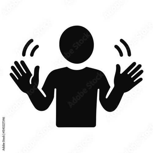 Silhouette of a person waving both hands with curved lines above them in a black and white image on transparent background