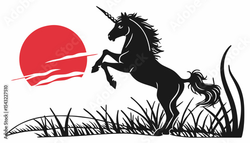 Black Unicorn Silhouette Against a Red Sun and White Background  