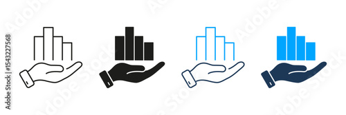 Hand Holding Bar Chart Line And Solid Icon Set. Business Growth, Financial Management, And Data Analysis Symbol Collection. Economic Development And Investment. Isolated Vector Illustration