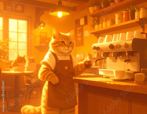 Hyper-realistic cat barista making coffee in a cozy café, while animal couples wait lovingly at tables.


