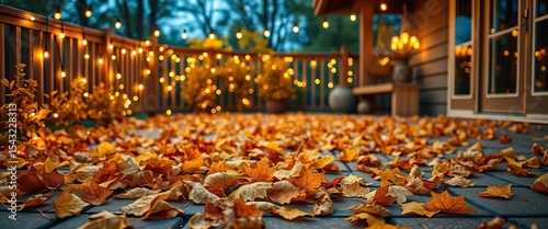 Golden autumn leaves strewn on patio, warm string lights glow, leaves, oak